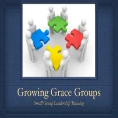 Logo for 'Growing Grace Groups – Small Group Leadership Training' showing four generic figures each holding a colored puzzle piece, arranged in a circle on a blue background.